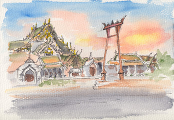 Watercolor & liner painting of famous temple Wat Suthat in Bangkok, Thailand. Oriental Siamese architecture at twilight time. Serene peaceful temple structure with giant swing. Landscape sketch.