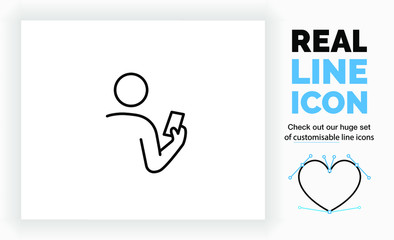 editable real line icon of a stick figure person on his mobile phone swiping with his finger looking from behind seeing only his arm and head in modern black lines on a clean white background as a eps
