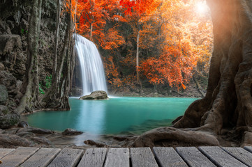 A beautiful waterfall deep in the tropical forest steep mountain adventure in the rainforest.