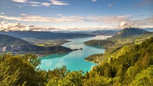 Lake Annecy, In The Haute-Savoie Region Of France, Is Fed By Mountain Springs And Known For Its Clean Water. At Its North End, Annecy Has A Medieval Old Town With Canals And Bridges. France Landscapes