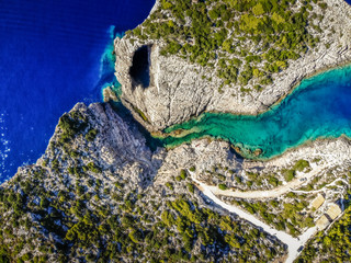 Aerial view of the incredible blue water and landscape at Korakonissi