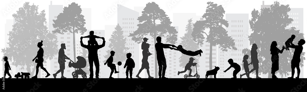 Happy people walking in park, silhouettes. Vector illustration. - obrazy, fototapety, plakaty 