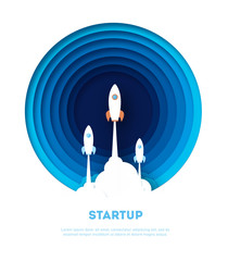 Wall Mural - startup business, flat design illustration, rocket,paper cut style, vector illustration with flying rocket, space travel to the moon, project start up and development process.