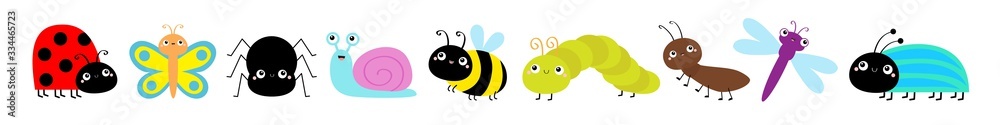Insect icon set line. Cute bugs. Caterpillar Lady bug Butterfly Bee ...