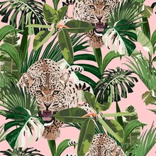 Colorful Floral Pattern With Tiger Leopard And Exotic Tropical Leaves Illustration. Fashion Ornament On Pink Background.