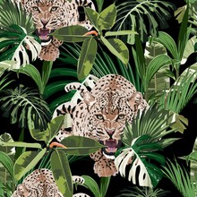 Colorful Floral Night Pattern With Tiger Leopard And Exotic Tropical Leaves Illustration. Fashion Ornament On Dark Background.