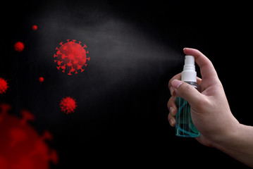 Hand holding 70% alcohol small spray bottle and spraying sterilize Covid-19. concept prevent disease Covid-19.