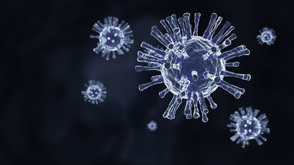 Wall Mural - Closeup blue Coronavirus COVID-19 in human lung body background. Science microbiology concept. Corona virus outbreak epidemic. Medical health virology infection research. 3D illustration rendering