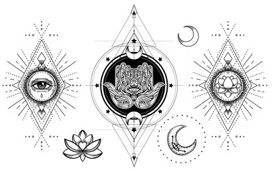 set of ornamental boho chic style elements. vector budda illustration. tattoo template. hand drawn t