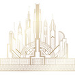 Stylized gold art deco illustration of the city on white background