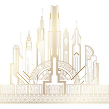 Stylized Gold Art Deco Illustration Of The City On White Background