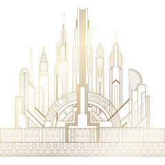 Stylized gold art deco illustration of the city on white background