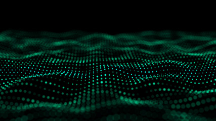 Fototapete - Abstract green futuristic background. Big data visualization. Digital dynamic wave of particles. 3D rendering.