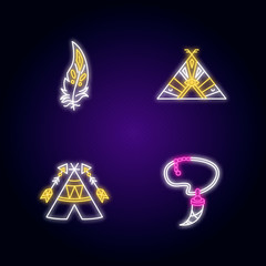 Wall Mural - Native american indian accessories neon light icons set. Tribe chief teepee. Wigwam with arrows and ethnic ornaments. Signs with outer glowing effect. Vector isolated RGB color illustrations