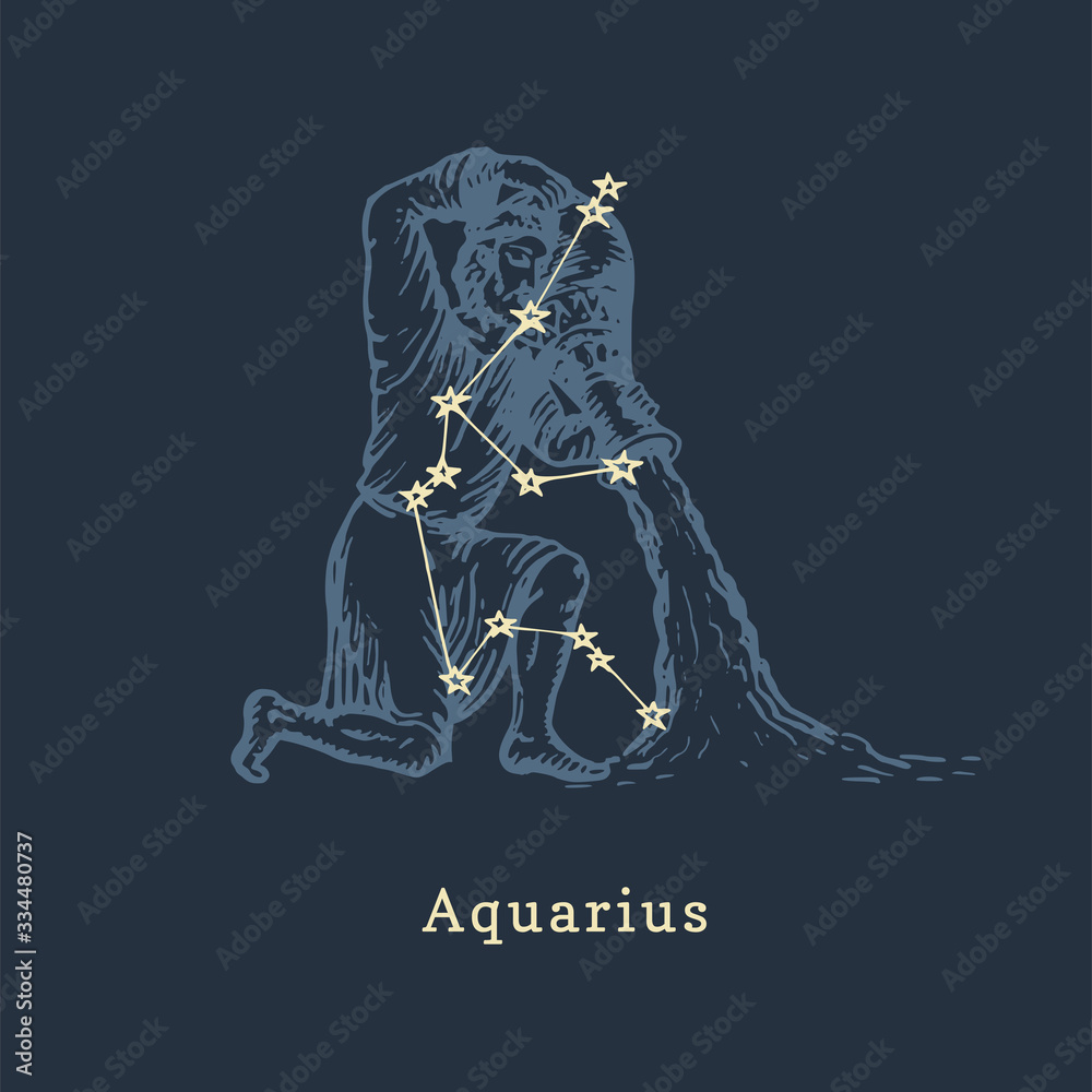Artistic engraving style illustration of Aquarius zodiac constellation with water bearer symbolism