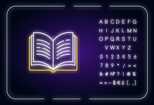 Open Book Neon Light Icon. Dictionary Page. Write University Paper. Notebook And Textbook. Outer Glowing Effect. Sign With Alphabet, Numbers And Symbols. Vector Isolated RGB Color Illustration