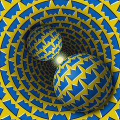 Wall Mural - Two balls are moving in hole. 3d objects of crown shapes pattern. Optical illusion abstraction in a surreal style.