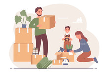 Happy Lovely Family Relocates To New Apartment Character Flat Vector Illustration Concept. Mother Carefully Takes Out Plant In Pot, Father Holds Cardboard Box, Little Son With Cute Teddy Bear