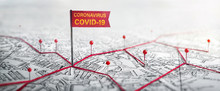 Coronavirus Covid-19 Epidemic Spreading Scheme On A City Map. Original Idea Concept On The Theme Of The Fight Against The Coronavirus Covid-19 Epidemic.