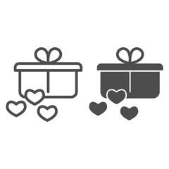 Poster - Gift and hearts line and solid icon. Present with bow, ribbon and heart symbol, outline style pictogram on white background. Love and wedding sign for mobile concept and web design. Vector graphics.