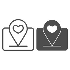 Poster - Location marker with heart line and solid icon. Love meeting with map pin symbol, outline style pictogram on white background. Valentine day sign for mobile concept and web design. Vector graphics.