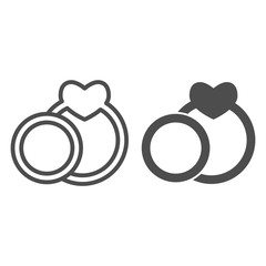 Poster - Two wedding rings line and solid icon. Couple engagement ring with heart shape symbol, outline style pictogram on white background. Valentine day sign for mobile concept, web design. Vector graphics.