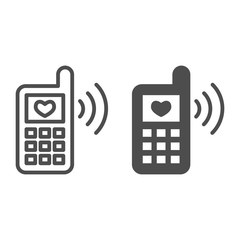 Poster - Phone and love message line and solid icon. Classic phone ringing with heart symbol, outline style pictogram on white background. Valentines day sign for mobile concept or web design. Vector graphics.
