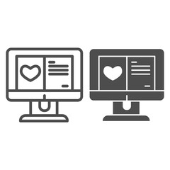 Poster - Greeting card on computer line and solid icon. Heart shape and text layout symbol, outline style pictogram on white background. Valentines day sign for mobile concept and web design. Vector graphics.