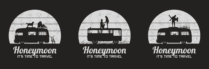 Sticker - Lovers on roof of retro car. Set of black and white retro illustrations with silhouettes of couples in road trip. Guy carry girl, romantic marriage proposal. Vector backgrounds for prints, t-shirts