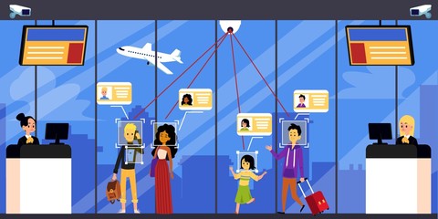 Airport equipped with identification facial system flat vector illustration.