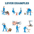 Lever examples vector illustration. Labeled load, effort, fulcrum collection