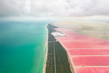 A Bird's-eye View Of The Pink Salt Lakes Separated By A Sand Spit From The Gulf Of Mexico On The Yucatan