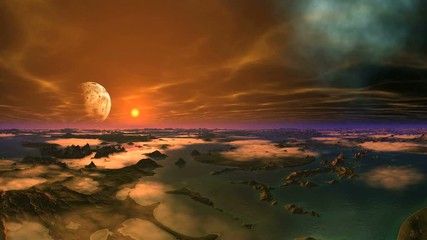 Wall Mural - Alien Planet Landscape. Rocky mountains stand among the water. Above them are low orange clouds. In the dark starry sky the moon, bright sun and nebula. Slowly floating clouds.