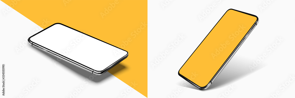 Smartphone frame less blank screen mockup, rotated position. 3d isometric illustration cell phone. Smartphone perspective view. Template for infographics or presentation UI/UX design interface. vector - obrazy, fototapety, plakaty 