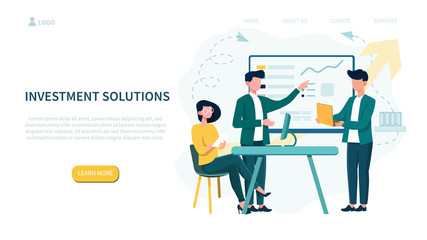 Illustrated investment solutions concept and people in business meeting. Vector illustration