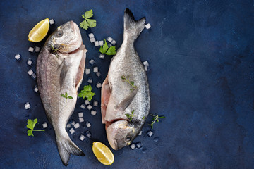 Wall Mural - Two raw dorado fishes with herbs and lemon on dark blue background