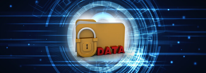 Poster - Yellow folder and lock. Data security concept. 3D rendering
