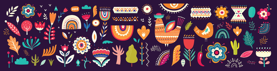 Poster - Beautiful colorful cartoon floral collection with leaves, flowers, tree and birds. Mexican ethnic pattern 