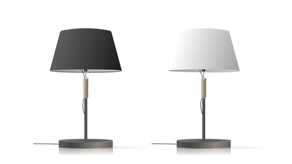 Set of decorative table lamps. Original model with a silk lampshade and a metal leg. For living room, bedroom, study and office. Vector illustration on a white background.