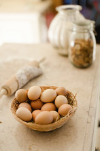 Basket Of Eggs For Baking In A Kitchen.