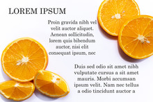 Sliced Oranges On Left And Right, White Backround. Fruits Pattern. Fresh Citrus. Web Article Template. Sale Coupon. Visit Card. Your Information. Text Space. Lorem Ipsum.