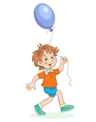 Poster - Little funny boy runs with a bright balloon in his hands. In cartoon style. Isolated on  white background. Vector illustration.