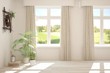© AntonSh - Stylish empty room in white color with summer landscape in window. Scandinavian interior design. 3D illustration