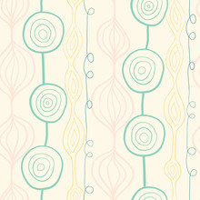Abstract Organic Ornamental Vertical Vector Pattern. Contemporary Teal Pink Yellow Mod Art Repeating Floral Shapes Background. Modern Scandinavian Style Backdrop Hand Drawn Lines. 