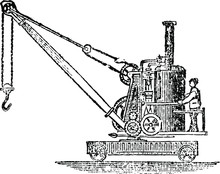Steam Powered Crane Vintage Engraved Line Art Drawing Black And White Illustration