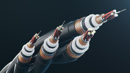 The concept of fiber optic cable on a colored background. Future cable technology. Detailed curved cable in cross section. Powerful communication technology. Network concept, 3d illustration