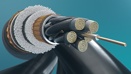 The concept of fiber optic cable on a colored background. Future cable technology. Detailed curved cable in cross section. Powerful communication technology. Network concept, 3d illustration