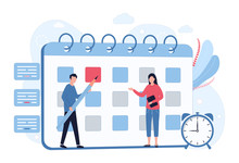 Business Planning Concept. Scheduling, Time Management, Setting Priority Tasks. A Man With A Pencil Makes Notes On The Calendar, A Woman With A Tablet. Flat Vector Illustration Isolated On White Back