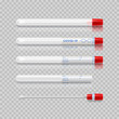 Test tubes with cotton swab for nasopharyngeal specimens. Set of realistic plastic tubes isolated on checkered background with results sample for coronavirus positive-negative. Vector illustration.