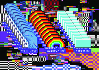 Poster - Vaporwave 80s-90s retrofuturistic background with glitched and pixelated computer screen.